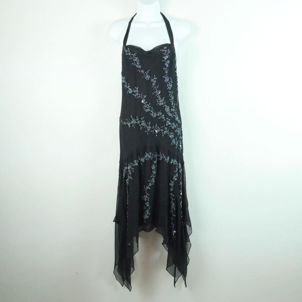 Scala Black Silk Beaded Gown Dress Handkerchief Hem Chiffon Fairy Goth Y2K‎ L